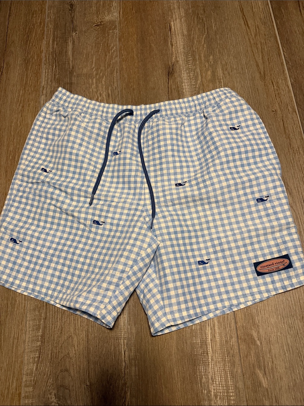 Vineyard Vines Light Blue & White Gingham Whale Swim Trunks